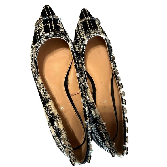Zara Tweed Beaded Jeweled Fabric Black White Pointed Toe Flat  Shoes EU38 - Picture 10 of 12